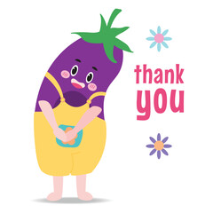 The eggplant cartoon character stands humble with a message of thanks. Cute smile. On a white background. Flat vector illustration.