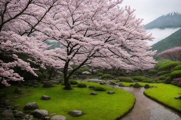 Obraz premium Sakura blossoms in japanese style ornamental garden, beautiful landscape. Generative AI.