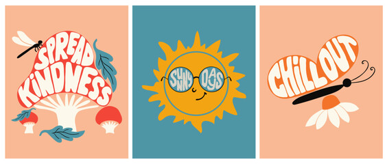 Nostalgic hippie typographic lettering set. Groovy hand drawn slogans in shape of mushroom, sunglasses and butterfly. Trendy print design for posters, cards, tshirt, social media graphics