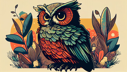 Obraz premium Digital artwork of a vector owl doodle with floral decoration