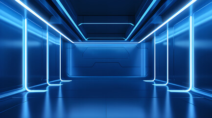 Sci-fi futuristic blue room with LED lights from ceiling to floor. Empty studio space. Neon glow.