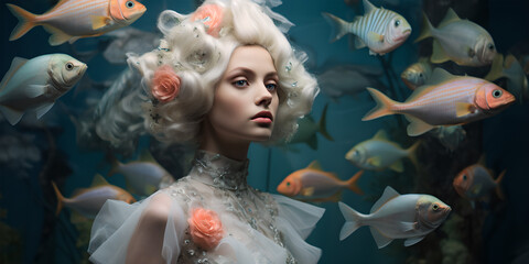 Haute couture fashion with the theme of the ocean. Model surrounded by fish.