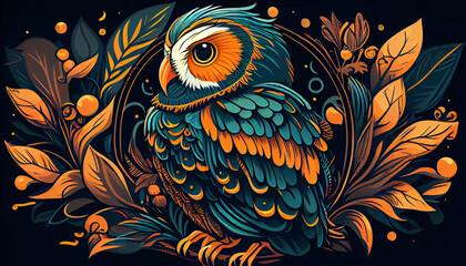 Digital artwork of a vector owl doodle with floral decoration