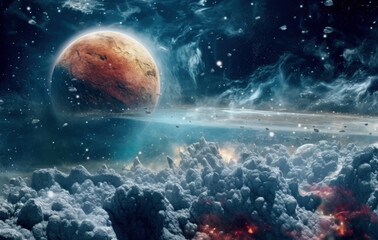 Fantasy space scene with giant red planet and floating debris.