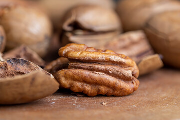 Pecan in a shell on the table