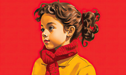 portrait of a young girl in a red scarf and yellow coat, against a red background. AI generated.