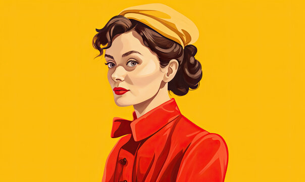 Woman in her forties wearing 1940s fashion on a yellow background. AI generated.