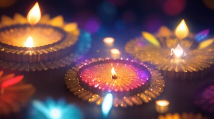 Happy Diwali - Oil lamps lit on colorful rangoli during Diwali indian celebration, Colorful clay diya lamps with flowers on red table top carpet background copy space greetings text