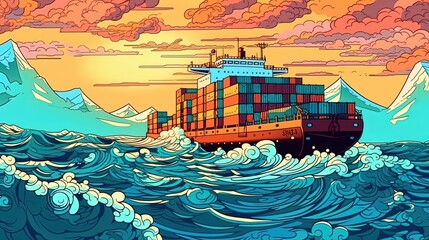 Cargo ship sailing on the open sea . Fantasy concept , Illustration painting.