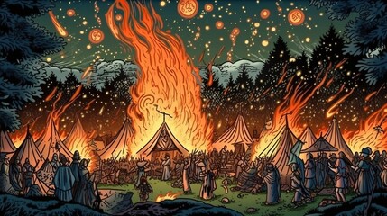 Celtic pagan festivals and bonfires . Fantasy concept , Illustration painting.