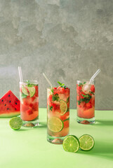 Watermelon with peppermint and lemon soda and watermelon and lemon slices 