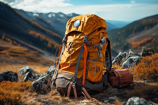 Un sac à dos de randonnée sur une colline avec une vue sur les montagnes.