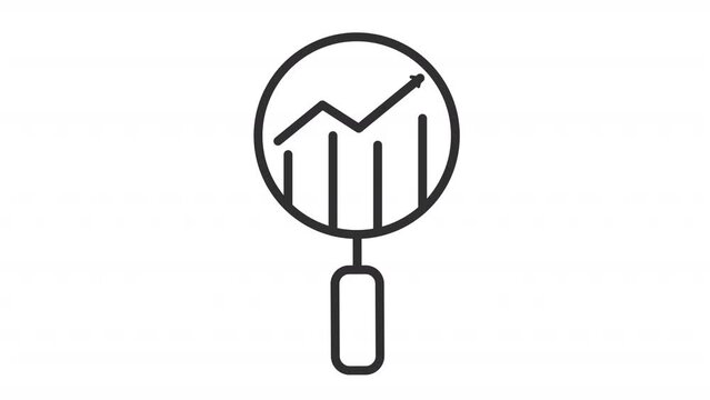 Market research icon animation. Animated line growing graph chart inside magnifying glass. Competitor analysis. Loop HD video with alpha channel, transparent background. Outline motion graphic