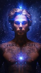 Male spiritual guide, young starseed man, concept of love, meditation incarnarion, compassion, cosmos, univers, connection, connected, stars, all.