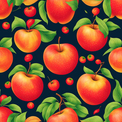 Repeated Seamless Pattern Design with Fresh Apple Fruit and Green Leaf on Dark Background. Decorative Wallpaper llustration for Print, Textile, Banner, Poster, Invitation or Greeting Card. AI