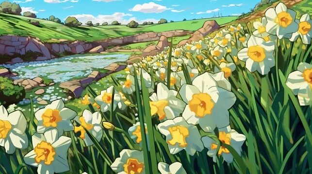 Charming daffodil fields . Fantasy concept , Illustration painting.