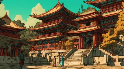 Chinese Buddhist temples and gardens . Fantasy concept , Illustration painting.