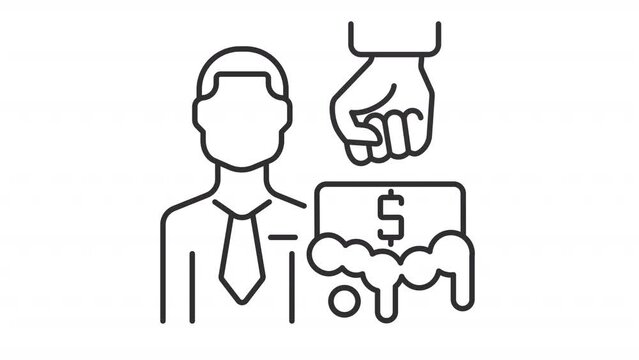 Animated aml auditor line icon. Fist hits foaming soap bar with dollar sign animation. Anti money laundering. Loop HD video with alpha channel, transparent background. Outline motion graphic