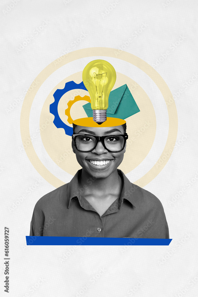 Poster vertical collage image 3d artwork of smiling successful woman solving task creativity inspiration co