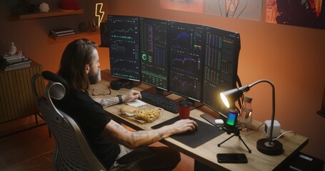 Financial analyst watches real-time stocks, exchange market charts on multi-monitor computer...