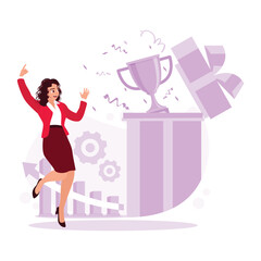 Young businesswoman dancing and happy to achieve success. A rising graphic and a trophy in the big box represent her. Trend Modern vector flat illustration.