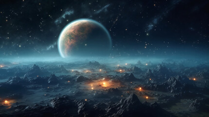 The environment map displays a space background