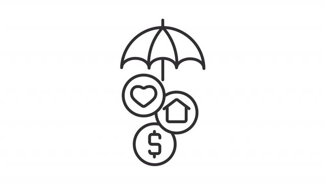 Insurance company icon animation. Animated line insurance service symbols under umbrella. Risk management. Loop HD video with alpha channel, transparent background. Outline motion graphic