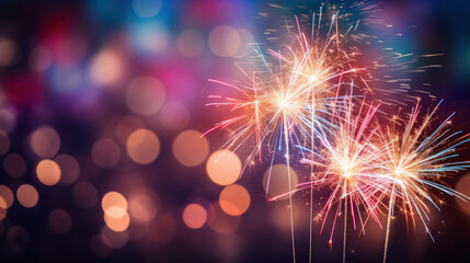 Abstract blur bokeh background with fireworks. Lighting celebration backdrop for 4th of July Indepence Day. Generative AI