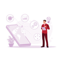 Man in a tie standing with a tablet, accessing global business and digital marketing data via internet connection. Trend Modern vector flat illustration.