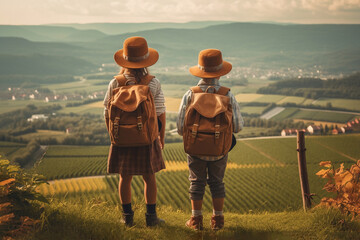 Two small children with backpacks in front of a magnificent valley. September 27 is World Tourism Day. Generation AI