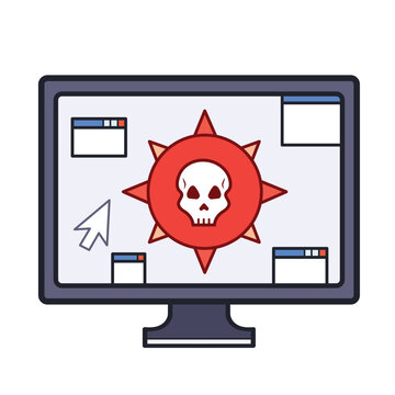 Dangerous red computer virus or bomb with skull and pop up windows colored vector icon outline isolated on square white background. Simple flat cartoon art styled drawing with cyber internet security.
