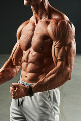 arm muscles and press close-up. powerful venous system. perfect abs, chest, triceps, biceps, neck,...