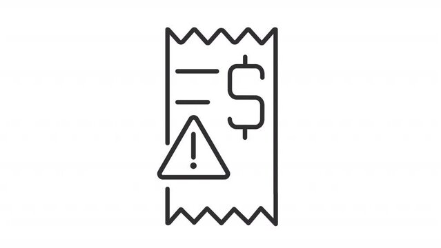 Late payment icon animation. Animated line bill with warning sign animation. Financial trouble. Past due. Loop HD video with alpha channel, transparent background. Outline motion graphic
