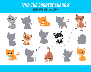 Find correct shadow of cats. Educational logical game for kids. Cartoon animals. 