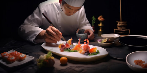 AI-Generated Chef Perfecting Sushi Presentation.