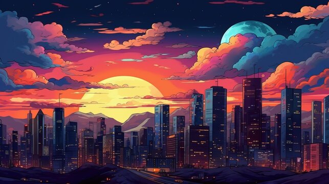 City skyline at night . Fantasy concept , Illustration painting.