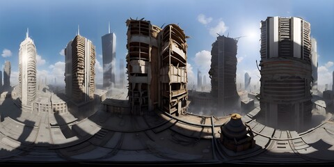 Post-apocalyptic ruined city. Destroyed buildings 360 Panorama HDRI