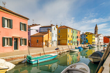 The Burano island near Venice, a canal with colorful houses, Italy, Europe.