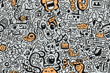 A set of doodles representing: cute cats, scary skulls,... seamless patterns.