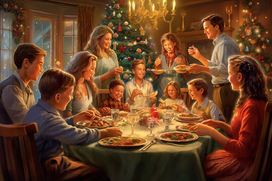 Illustration Of Family Christmas Dinner At Table With Fool Of Food, Post Card