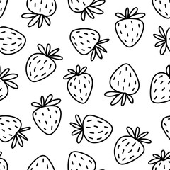 Hand drawn doodle linear monochrome vector messy strawberry fruits spring summer seasonal seamless repeat pattern isolated on white background  - 616062507