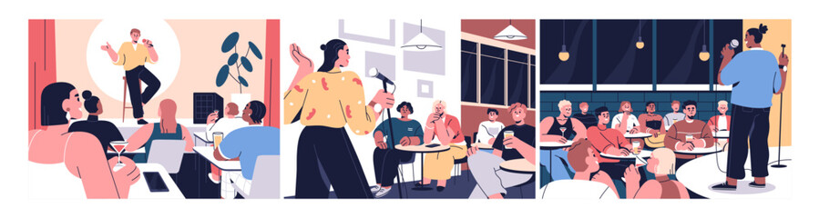 Audience laughing at standup comedy show. Stand-up comedians with microphones telling jokes on stage at open mic club. Comic, showman, host speaking humor monologue at public. Flat vector illustration - obrazy, fototapety, plakaty