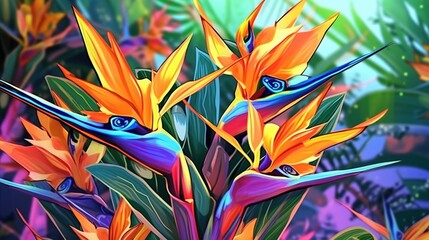 Colorful bird-of-paradise flowers . Fantasy concept , Illustration painting.