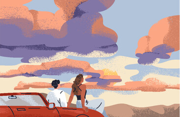 Couple watching sunset on evening sky with clouds. Man and woman tourists travel by car, stop to sit on bumper and look at sun set. Road adventure on summer holiday. Flat vector illustration
