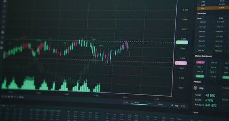 Economic graphics of stocks or currency on display jumps up and down. Computer monitor with displayed interface of professional trading app. Animated stock market chart. Investment concept. Close up.