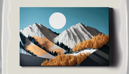 A beautiful wall art poster template with some mountains on it is hanging on a clean wall, generative ai
