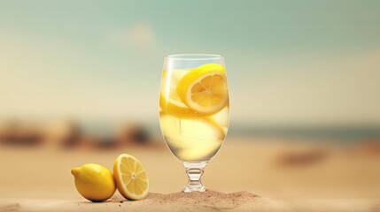 Glass with lemon water in the sand of the beach. Vacation scene with lemonade glass on the shore line. Generative AI - obrazy, fototapety, plakaty
