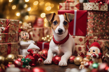 Jack Russell Terrier dog surrounded by Christmas gifts against the backdrop of holiday decorations - obrazy, fototapety, plakaty