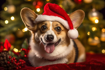 Welsh Corgi surrounded by Christmas gifts against the backdrop of holiday decorations