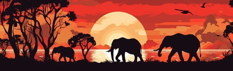 Fototapeta na wymiar Elephants silhouettes at sunset in the savannah, vector illustration with AI-Generated Images 